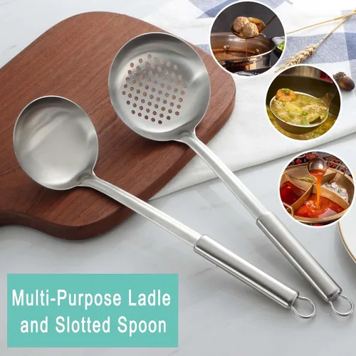 Miniatura 7 de Pleafind 2 piezas Cucharón y cuchara ranurada, cucharón para sopa y cuchara colador, cucharas de cocina y espumaderas de acero inoxidable, Gris