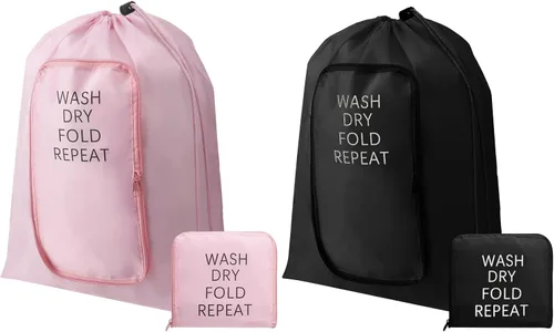 Miniatura 10 de 2 piezas de bolsa de lavandería para viaje, bolsa lavable para ropa sucia con cordón y cremallera para maleta, 22 x 18 pulgadas (rosa, azul, clásico)