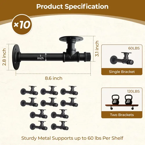 Miniatura 3 de Soporte de estante de tubo industrial de 6.7 pulgadas, estante flotante de pared de hierro en L para tablero de 6 a 12 pulgadas, estantes de tubería