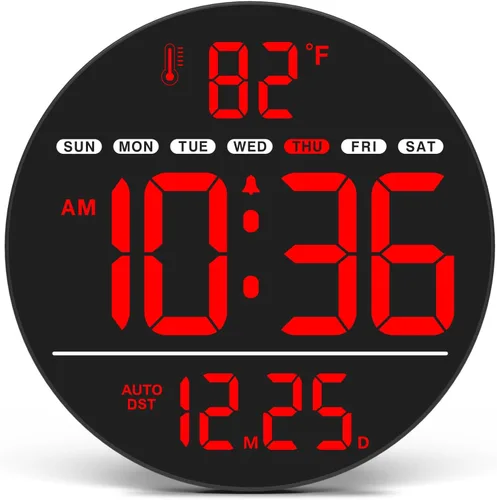 Miniatura 9 de WallarGe Reloj de pared digital grande con pantalla LED, reloj de pared eléctrico con temperatura, DST automático, fecha y día, brillo de 5 niveles