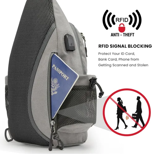 Miniatura 2 de G4Free - Mochila de lona con asa cruzada y puerto de carga USB con bloqueo RFID, mochila de pecho para senderismo, mochila de día para hombres y Gris