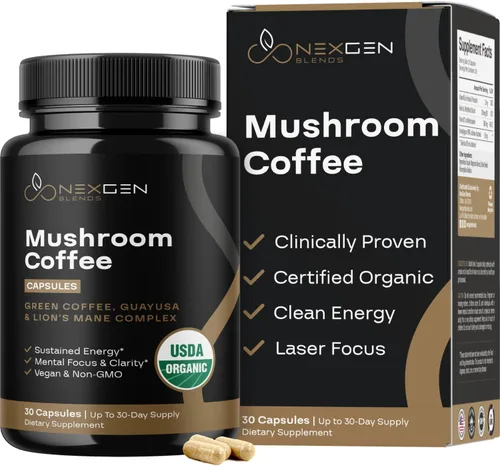 Miniatura 10 de Cápsulas de café de hongos 100% orgánicos, suplemento energético natural con 130 mg de cafeína de extracto de café verde y guayusa patentados