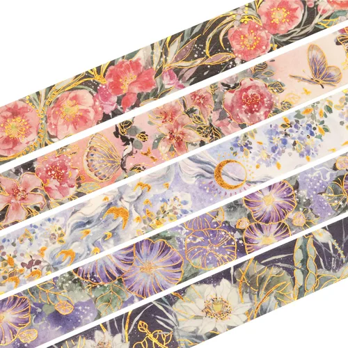 Miniatura 5 de YUBBAEX Blooming Washi - Juego de cintas adhesivas con lámina dorada, cinta de enmascarar peonía ancha decorativa para artes, manualidades DIY