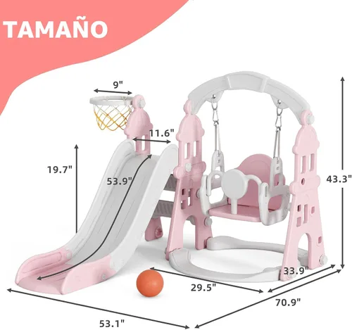 Miniatura 9 de YUFU Juego de Tobogán y Columpio 4 en 1 para Niños Pequeños, Tobogán para Niños con Escalador, Columpio, Aro de Baloncesto, Juego