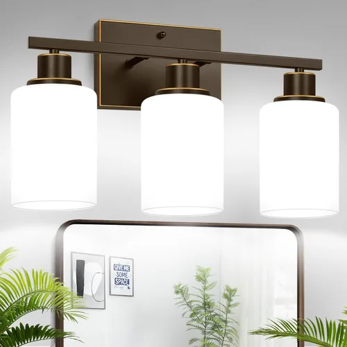 Miniatura 26 de MOKATNG Juego de 2 apliques de pared para baño, luces de tocador modernas negras con pantalla de vidrio blanco, lámpara de pared de baño