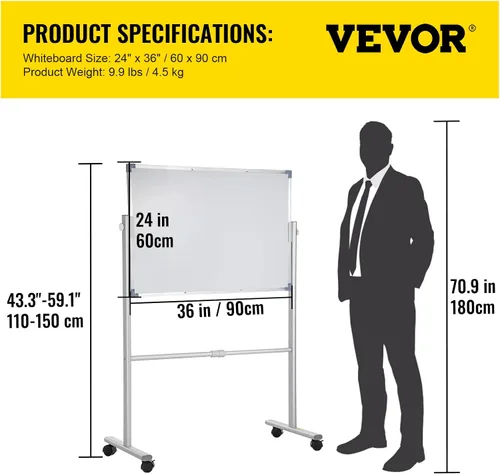 Miniatura 7 de VEVOR Pizarra blanca magnética móvil, 36 x 24 pulgadas, doble cara, pizarra de borrado en seco reversible de 360 grados, altura ajustable con marco