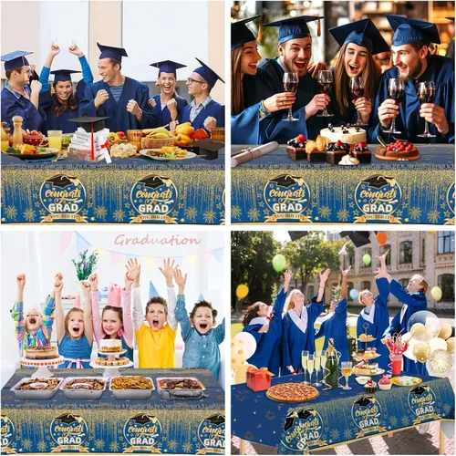 Miniatura 4 de Staraise Mantel de graduación de 3 piezas para decoraciones de graduación 2026, mantel de plástico azul y dorado, mantel de graduación desechable