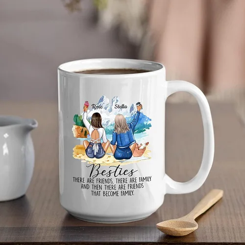 Miniatura 5 de Taza de café con texto en inglés "Besties There Are Friends That Become Family", tazas personalizadas para mejores amigas para mujeres, elige