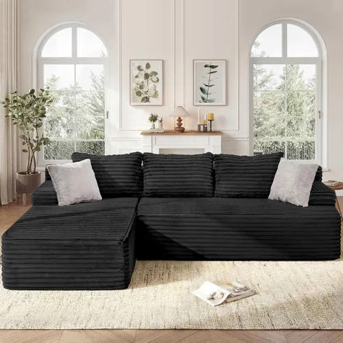 Miniatura 21 de Seccional modular: asiento de nube en forma de L con espuma viscoelástica, muebles de sala de estar convertibles de 3 asientos, diván de gran Negro