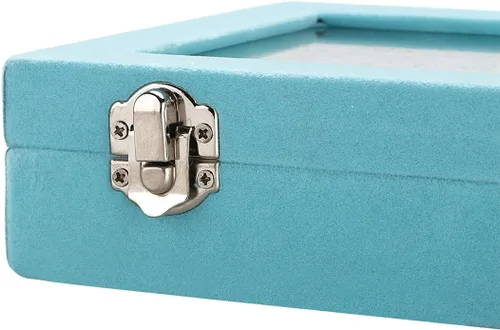 Miniatura 5 de GSLSTGS Caja de almacenamiento de joyería de cristal de terciopelo para anillos aretes caja de joyería estuche para anillos 2 cierres azul claro