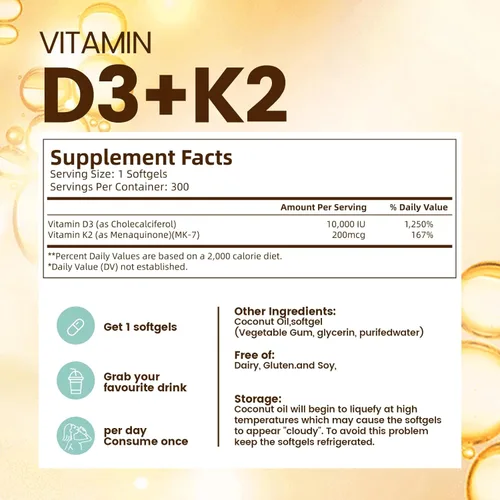 Miniatura 7 de Vitamina D3 K2 10000 UI con MK7 - 300 Cápsulas blandas de aceite de coco virgen Complejo de vitaminas D y K 2 en 1 Vitamina D3 con K2 Respalda