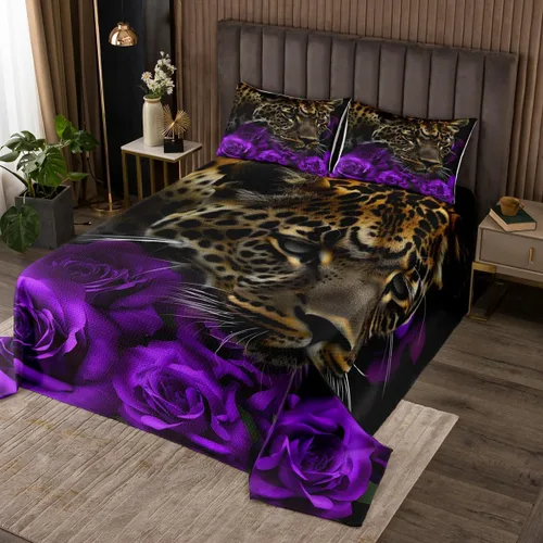 Miniatura 11 de Erosebridal Juego de edredón de león, color turquesa, verde azulado, rosa para mujeres y hombres, juego de colcha de flores de animales salvajes