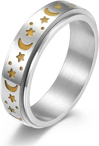 ANIEJUFI Anillo giratorio de acero inoxidable luminoso resplandor luna y estrella, alivio del estrés, anillos de ansiedad para mujeres, hombres,