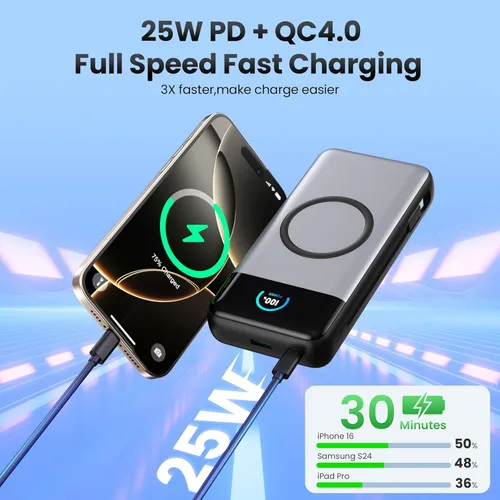 Miniatura 4 de Cargador portátil inalámbrico de 40,800 mAh con cables integrados, carga inalámbrica de 15 W, 25 W, PD QC4.0, cargador de batería externa USB-C