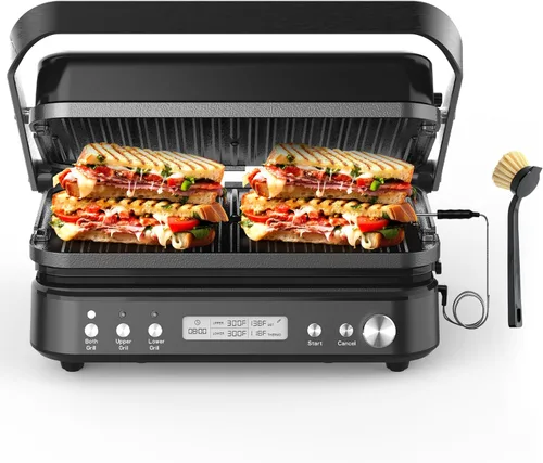 CATTLEMAN Prensa de Parrilla Panini Sandwichera con Placas Extraíbles, 1600W, 5 en 1 Parrilla y Plancha Interior Sin Humo con Termómetro para Carne,