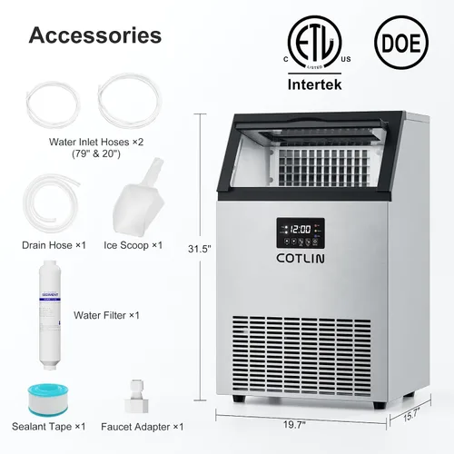 Miniatura 9 de COTLIN - Máquina comercial para hacer hielo de 200 libras en 24 horas, 60 cubitos por ciclo, con depósito de almacenamiento con aislamiento de más