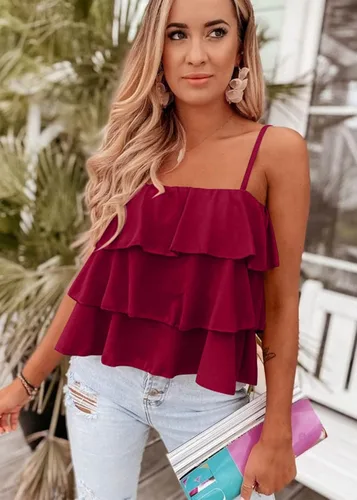 Miniatura 2 de KIRUNDO Camiseta sin mangas con tirantes delgados para mujer, de verano, con capas, con volantes, con lazo en el hombro, con vuelo, sin mangas