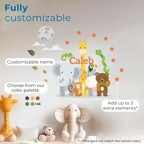 Miniatura 2 de Calcomanía de pared de vinilo con nombre personalizado de animales de la selva, decoración de pared para bebé, niño y niña, calcomanías I