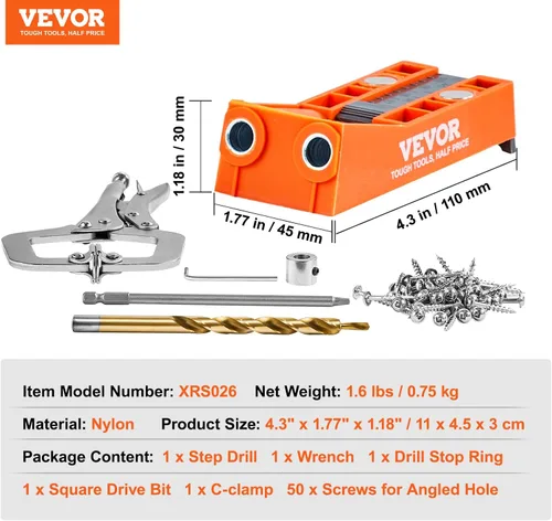 Miniatura 8 de VEVOR Plantilla de agujero de bolsillo, sistema de plantilla mini para agujeros de bolsillo de 56 piezas con abrazadera en C de 9 pulgadas, broca