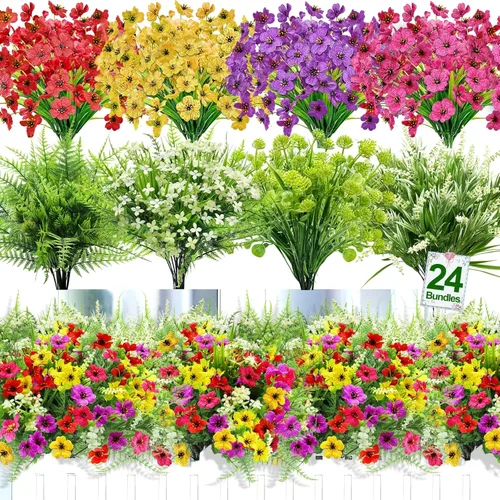 24 paquetes de 8 estilos de flores artificiales para exteriores, resistentes a los rayos UV, flores falsas de plástico sintético, coloridas