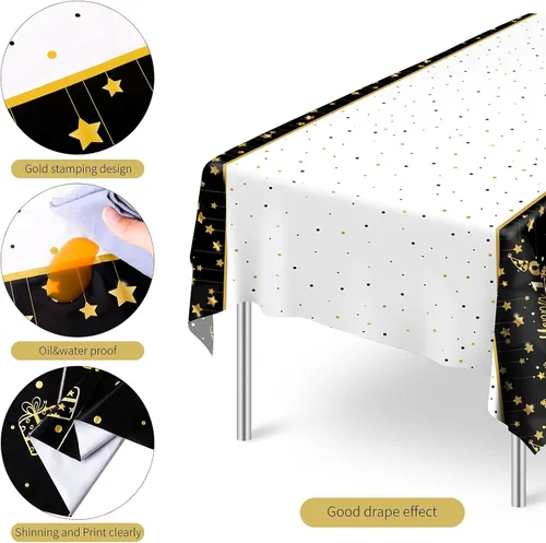 Miniatura 3 de Ruisita Paquete de 2 manteles rectangulares de color negro y dorado para fiestas de cumpleaños de 18 años, manteles de fiesta de cumpleaños