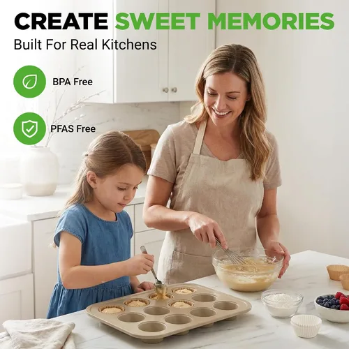 Miniatura 2 de NutriChef Moldes antiadherentes para magdalenas de 12 tazas para cupcakes, molde de 2 piezas para cupcakes, bandeja apilable de acero al carbono