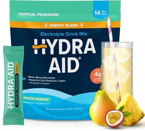 Mezcla de polvo de bebida de hidratación con electrolitos | Vitamina B, C y D, potasio, cobre | 0.14 oz de azúcar por porción | 160 mg de cafeína |