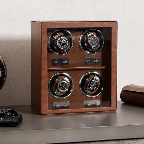 Miniatura 5 de ROTHWELL Bobinadora de 4 relojes para relojes automáticos con motor silencioso con múltiples velocidades y ajustes de rotación (bronceado/marrón)