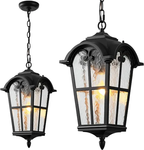 Miniatura 13 de VIANIS Lámpara colgante exterior negra con adornos dorados, luces colgantes exteriores con vidrio ondulado, candelabro exterior de aluminio