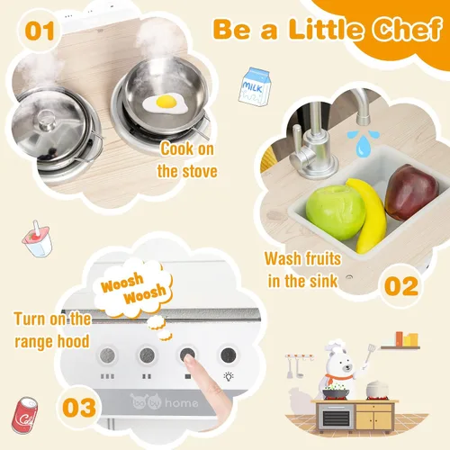 Miniatura 4 de HONEY JOY Juego de cocina esquinera para niños, cocina de madera para niños pequeños, dispensador de agua, microondas, campana extractora