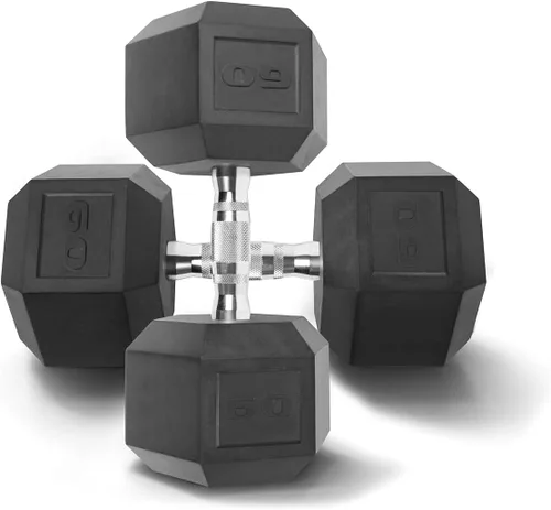 Miniatura 14 de WF Athletic Supply Mancuernas hexagonales con revestimiento de goma con mango cromado contorneado, entrenamiento de cuerpo completo y entrenamiento