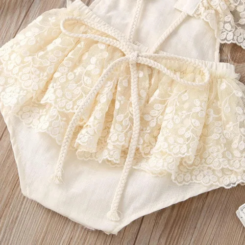 Miniatura 6 de ODASDO Mameluco de encaje para bebé niña, delicado bordado sin espalda, con diadema de flores, 2 piezas, traje de pastel