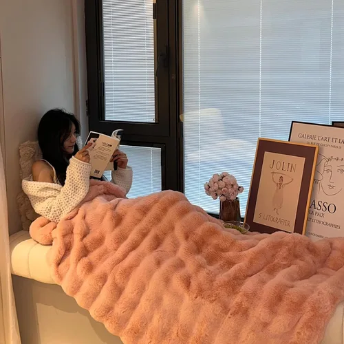 Miniatura 12 de Manta de pelo sintético de felpa de conejo, gruesa y cálida para todas las estaciones, manta peluda suave y mullida para sofá, cama, decorativa Beige