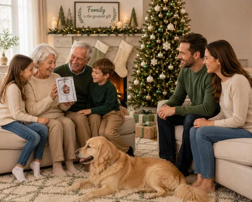 Miniatura 6 de Adorno de Navidad personalizado con tu foto familiar – La familia es el mejor regalo, adorno navideño con detalles de flor de pascua y acebo