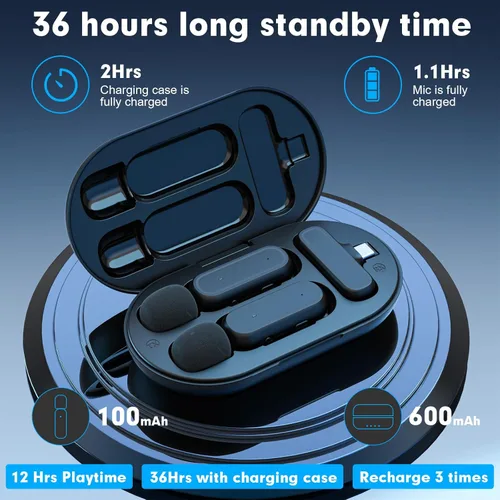 Miniatura 5 de Paquete de 2 micrófonos inalámbricos Lavalier para iPhone y Android, micrófono con clip de reducción de ruido Plug and Play con funda de carga