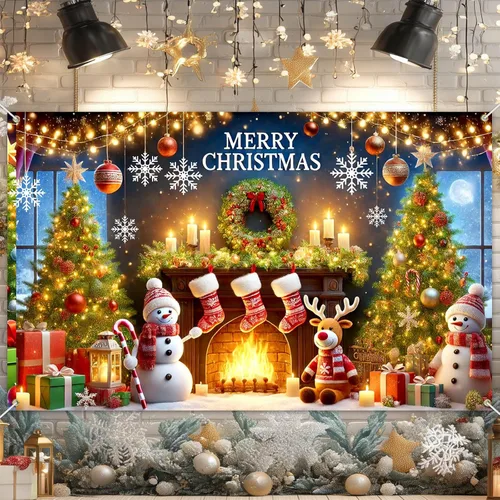 BlissYard Pancarta de Fondo Navideño Escena de Chimenea con Muñeco de Nieve Reno Medias Guirnalda Árbol Regalos Decoración de Fiesta Navideña 71×43