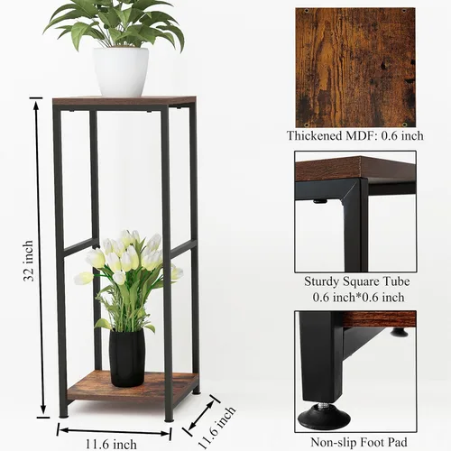 Miniatura 2 de CASIMR - Soporte para plantas de interior, estante alto de metal con tablero cuadrado de madera, estante de exhibición de 2 niveles para múltiples