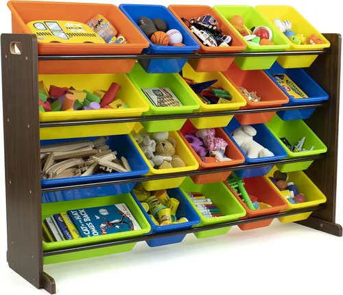 Miniatura 11 de Humble Crew Organizador de juguetes extra grande con 20 contenedores de plástico – Estantería de almacenamiento blanco/espresso con estantes de 4