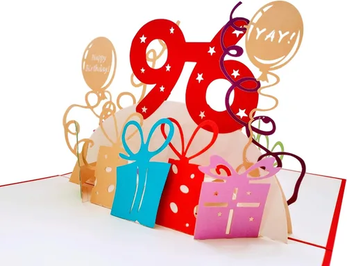 Miniatura 4 de iGifts And Cards Tarjeta desplegable 3D de cumpleaños 96, regalos coloridos y celebración de hitos de globos, saludo sincero para personas mayores