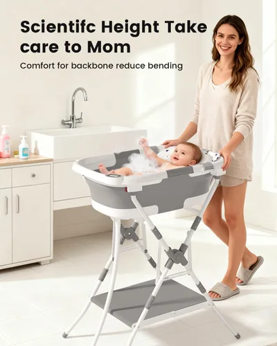 Miniatura 6 de Bañera para bebé con soporte, bañera plegable 2 en 1 para recién nacidos a niños pequeños, bañera infantil con soporte plegable, bañera portátil