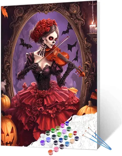 Miniatura 9 de Pintura por números para parejas tomadas de la mano, para adultos, principiantes, Día de los Muertos, Esqueleto, Pintura por números sobre lienzo