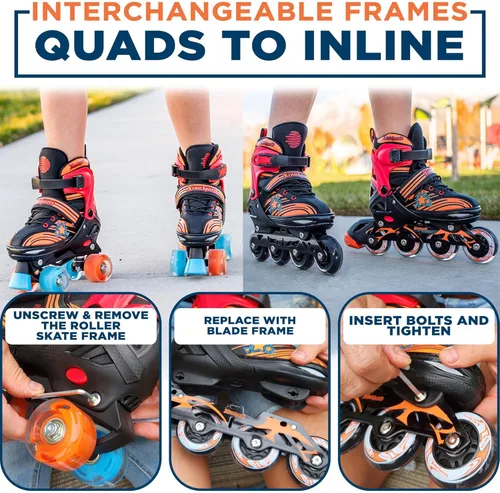 Miniatura 9 de XINO SPORTS Combo 2 en 1, Patines para niños Patines en línea - Patines intercambiables con luz LED para niños de 6 a 12 años, adolescentes y Negro