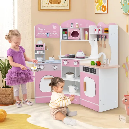 Miniatura 7 de HONEY JOY Cocina de Jugar de Rincón, Juego de Cocina de Madera para Niños Pequeños con Luces, Cafetera, Microondas, Fregadero, Grifo, Juego