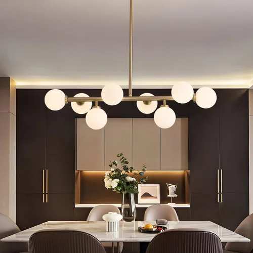 Miniatura 12 de Candelabro de mediados de siglo, lámpara colgante Sputnik de latón dorado con pantalla de lámpara de vidrio blanco, Candelabros lineales de globo