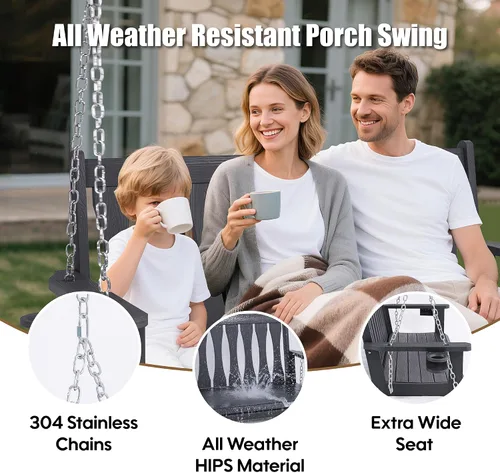 Miniatura 3 de HIPS - Columpio colgante de porche para todo tipo de clima, banco colgante de 2 asientos con soportes para tazas, silla de columpio de patio