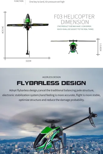 Miniatura 8 de FLYCOLOR Helicóptero RC F03 4Channel 2.4Ghz Control remoto con giroscopio de 6 ejes y retención de altitud y una tecla de despegue para Verde