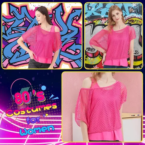 Miniatura 4 de WILDPARTY Camiseta casual sexy de los años 80 para mujer, diseño de red de neón con hombros descubiertos, dos piezas