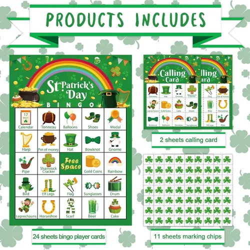 Miniatura 2 de Tarjetas de juegos de bingo del día de San Patricio para adultos, niños y niñas, 24 jugadores, fiesta del día de San Patricio, juegos de bingo