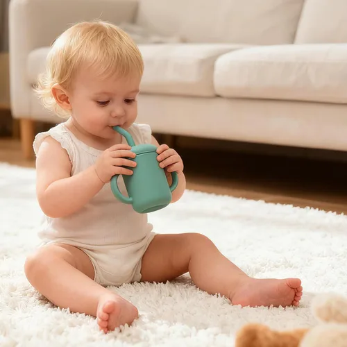 Miniatura 7 de Paquete de 2 tazas para beber 100% silicona para bebé, taza pequeña de entrenamiento de silicona con asas y popote para bebés y niños pequeños verde