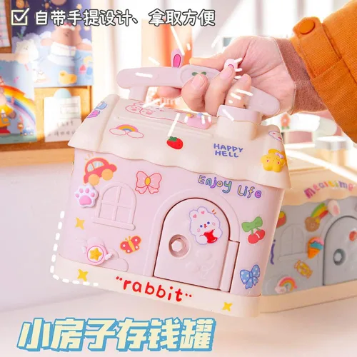 Miniatura 4 de Alcancía Kawaii con calcomanías y parches, banco de dinero Kawaii para papel y monedas, bonita caja de almacenamiento de artículos para la escuela